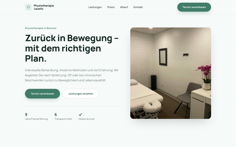 Startseiten-Ausschnitt der Demo-Website „Physiotherapie Lausitz“